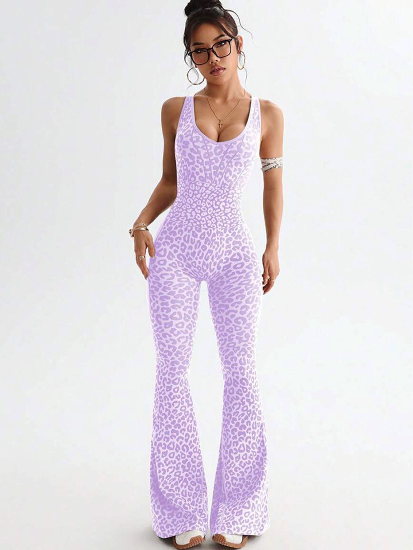 Leopard-Print Racerback Flared-Leg Workout Jumpsuit-Multicolor