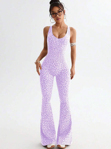 Leopard-Print Racerback Flared-Leg Workout Jumpsuit-Multicolor