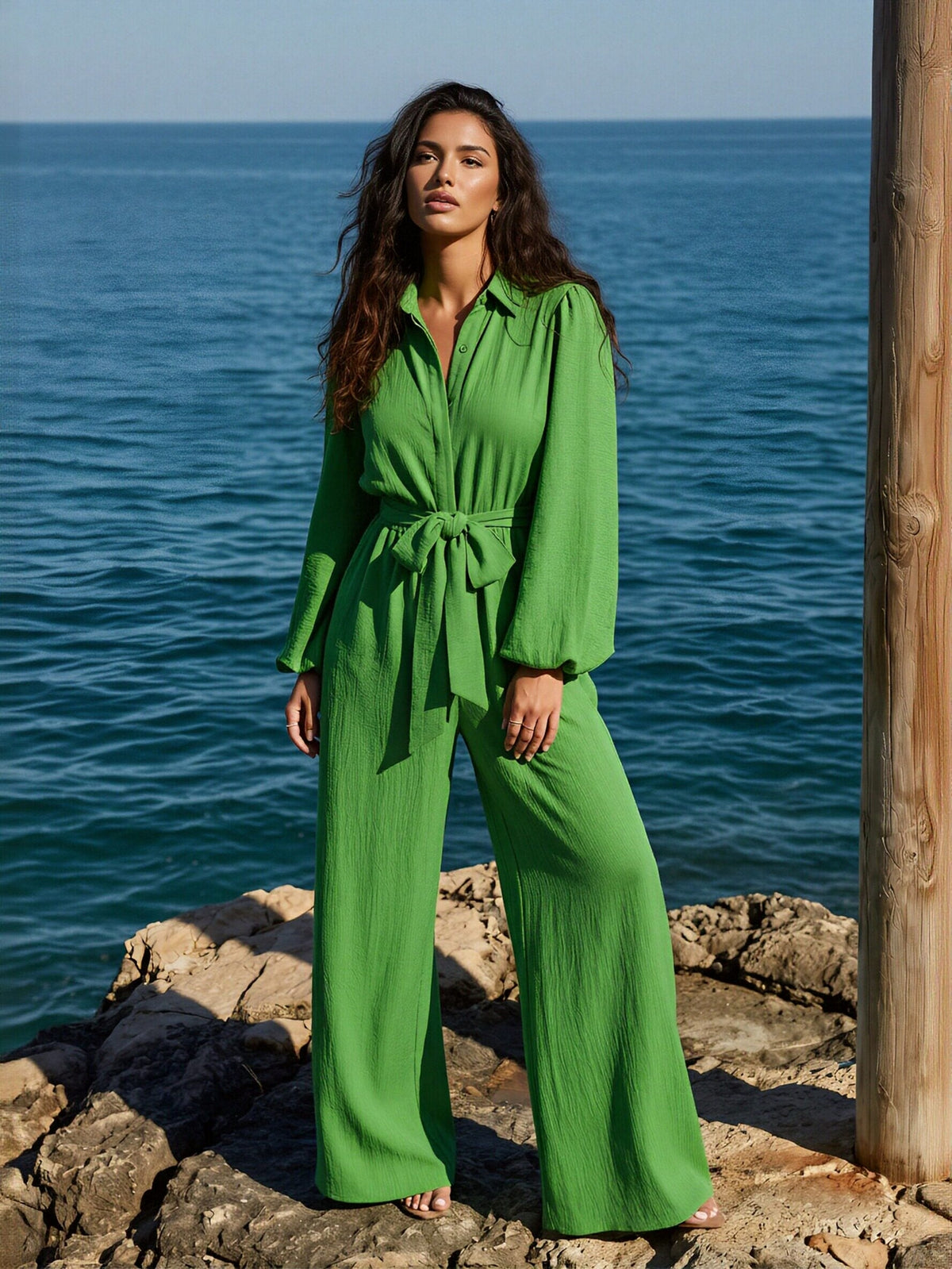 Belted Wide Leg Collared Jumpsuit