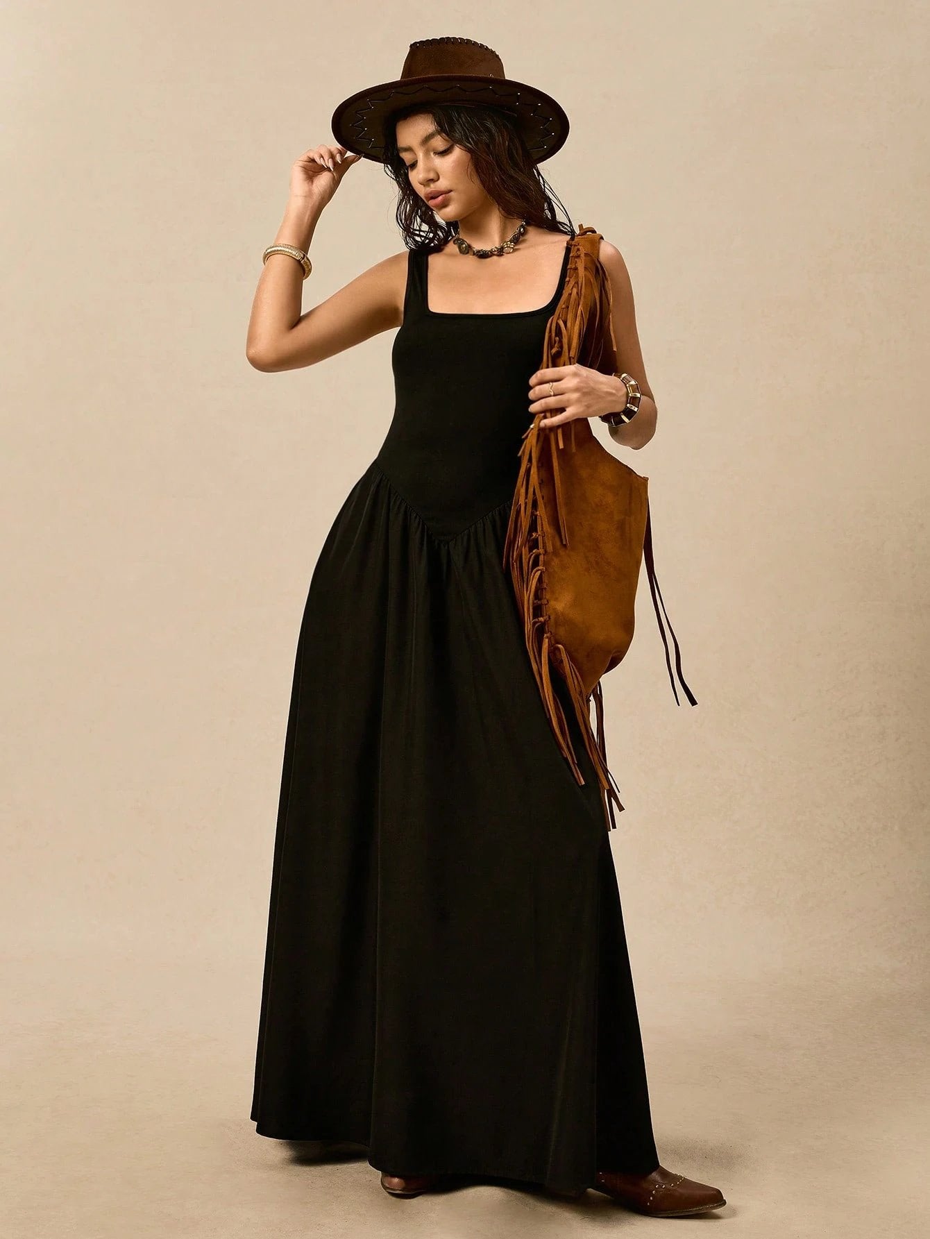 Square Neck Sleeveless Fitted Elegant Maxi Dress-Black