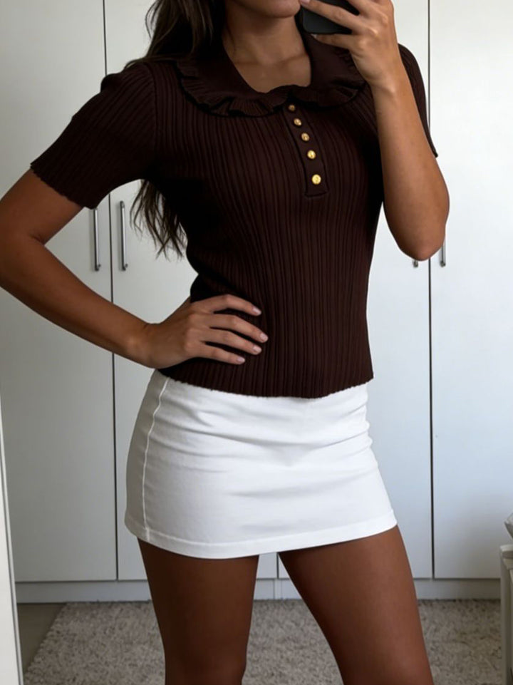 Ribbed Collared Button Front Knit Sweater
