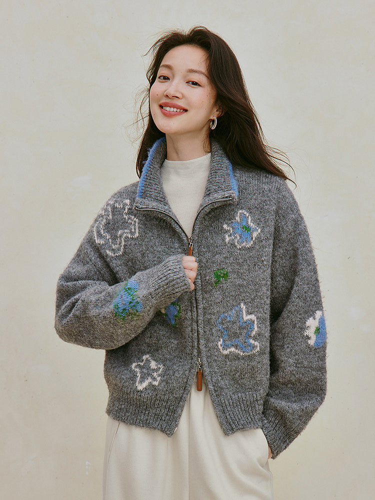 Cozy Floral Wool Zip Cardigan