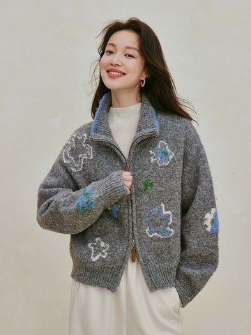 Cozy Floral Wool Zip Cardigan