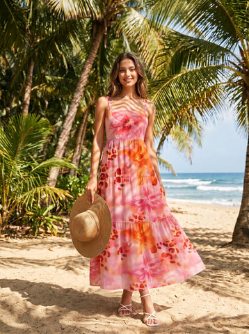 FLORA Floral Print Tiered Strap Midi Dress