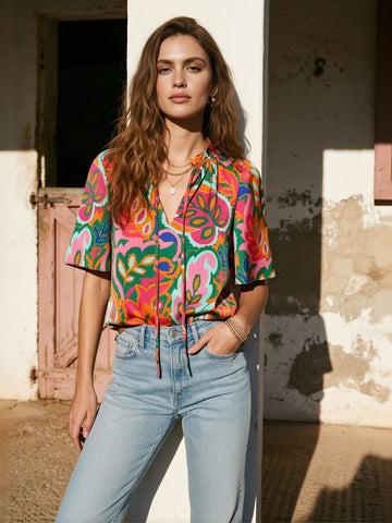 V Neck Floral Print Blouse