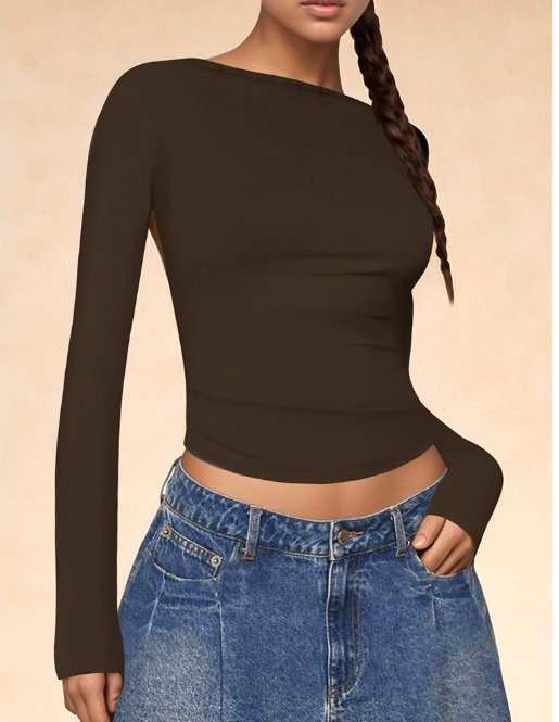 Bateau Neck Lon Sleeve Fitted Minimalist T-shirt-Black