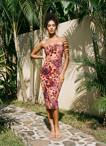 MAIA Floral Print Strapless Sheath Midi Dress