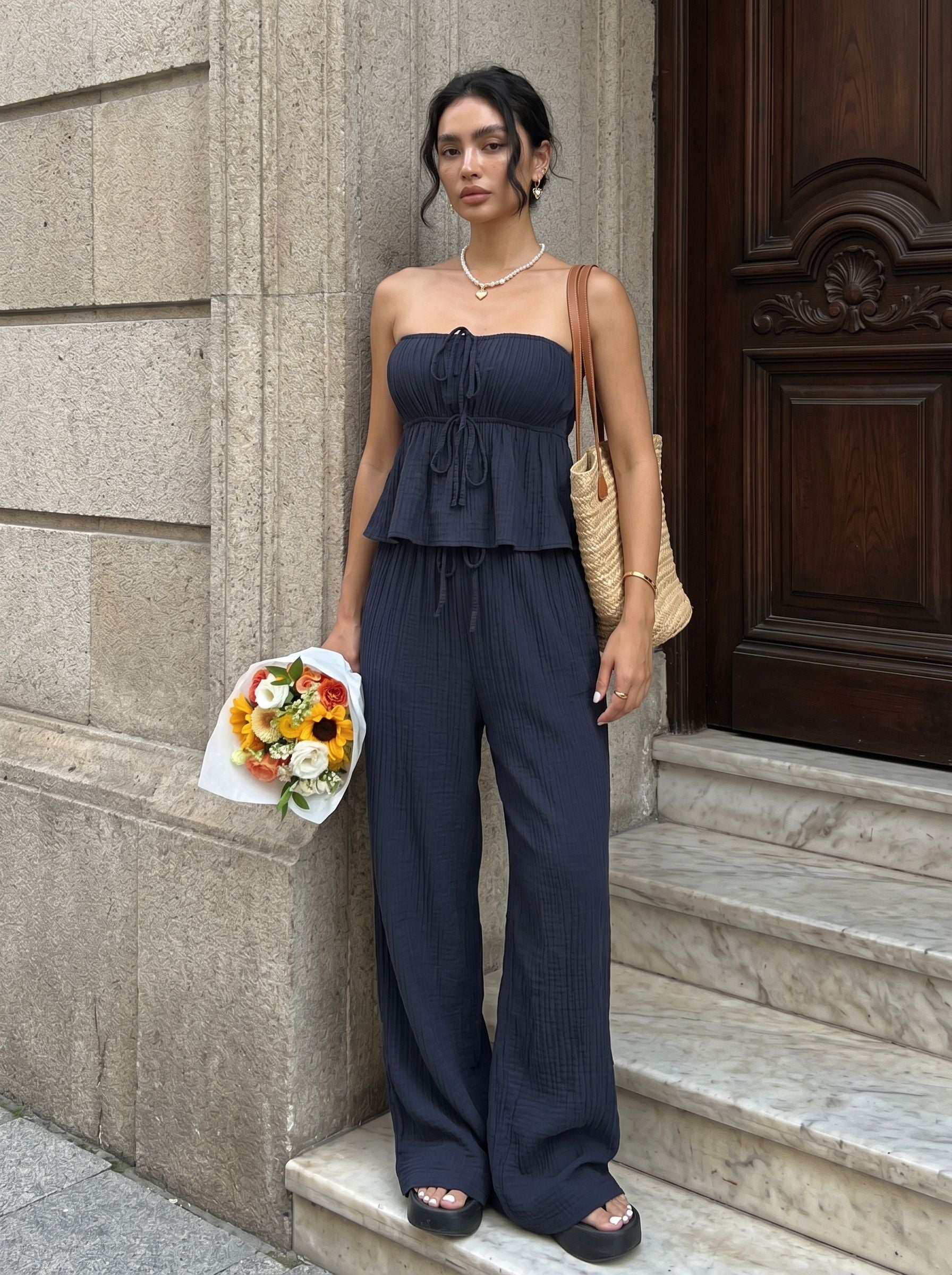 Strapless Gauze Wide Leg Pant Set