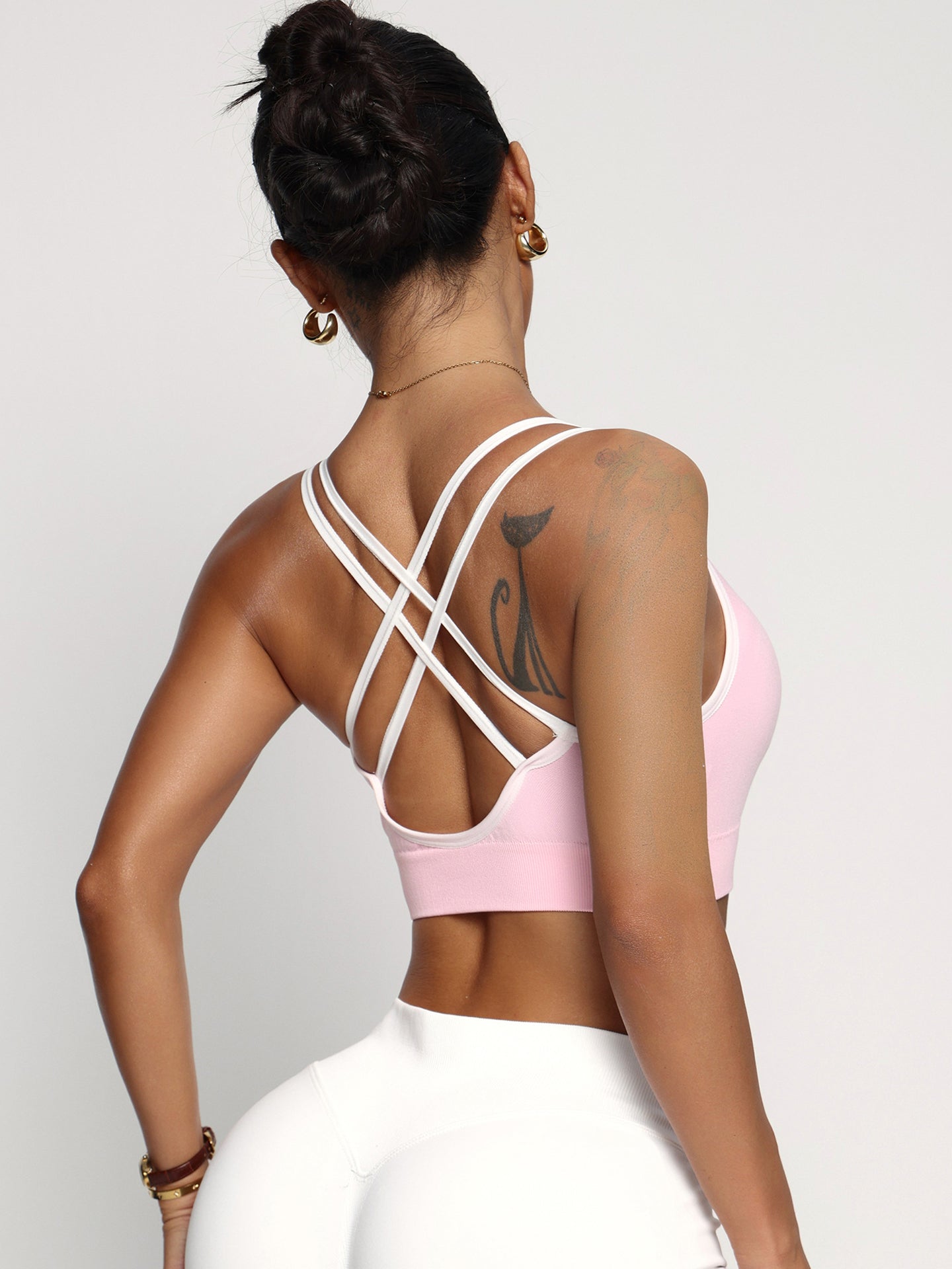 U Neck Double-Strap Contrast-Trim Athletic Sports Bra-Multicolor