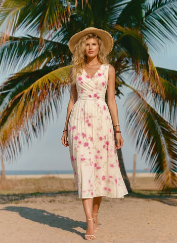 CORINNE
Floral Print V Neck A Line Midi Dress