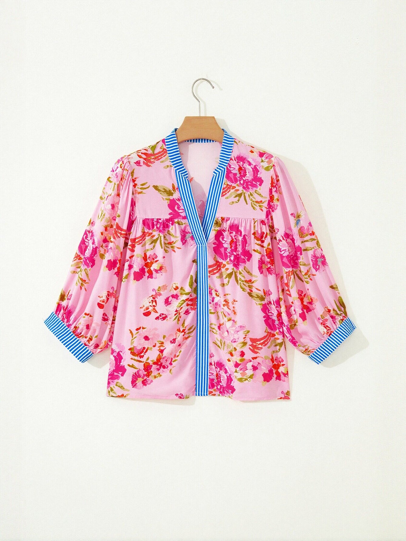 Floral Print Striped Trim Blouse