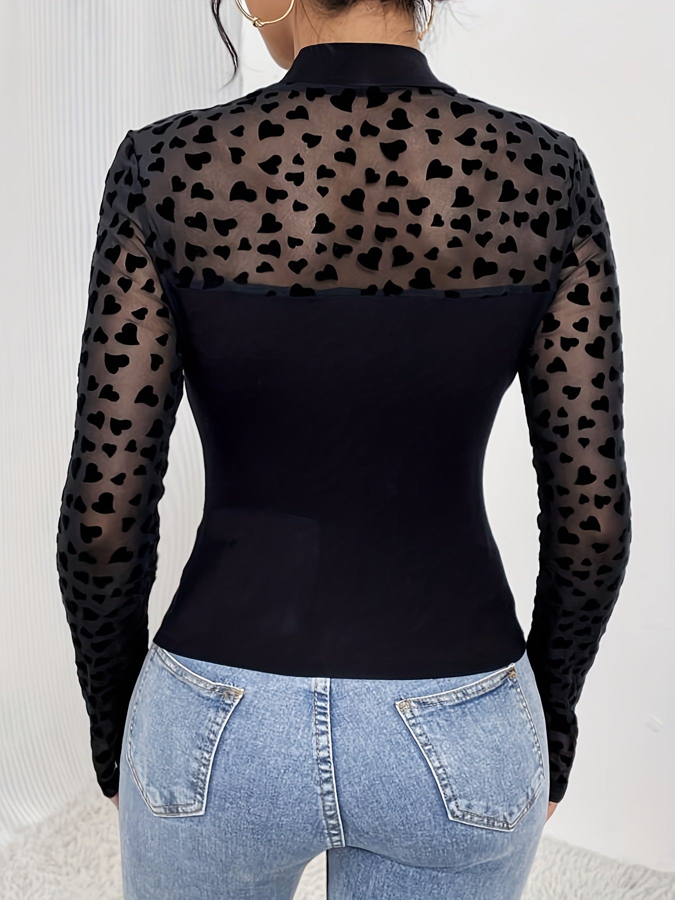 Sheer Heart Print Mock Neck Top