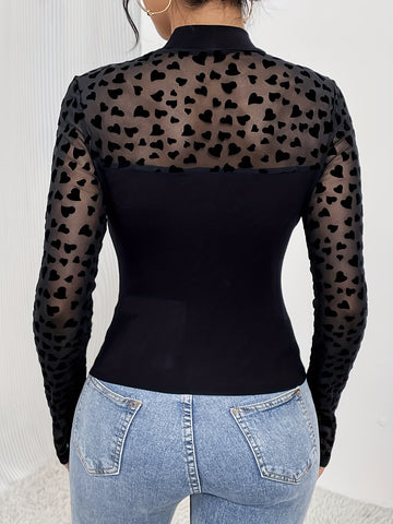 Sheer Heart Print Mock Neck Top
