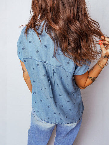 Star Print Button Down Denim Shirt
