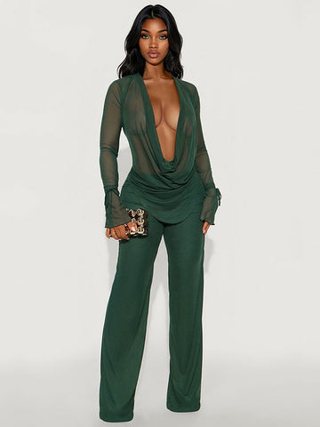 Sheer Draped Plunge Pants Set