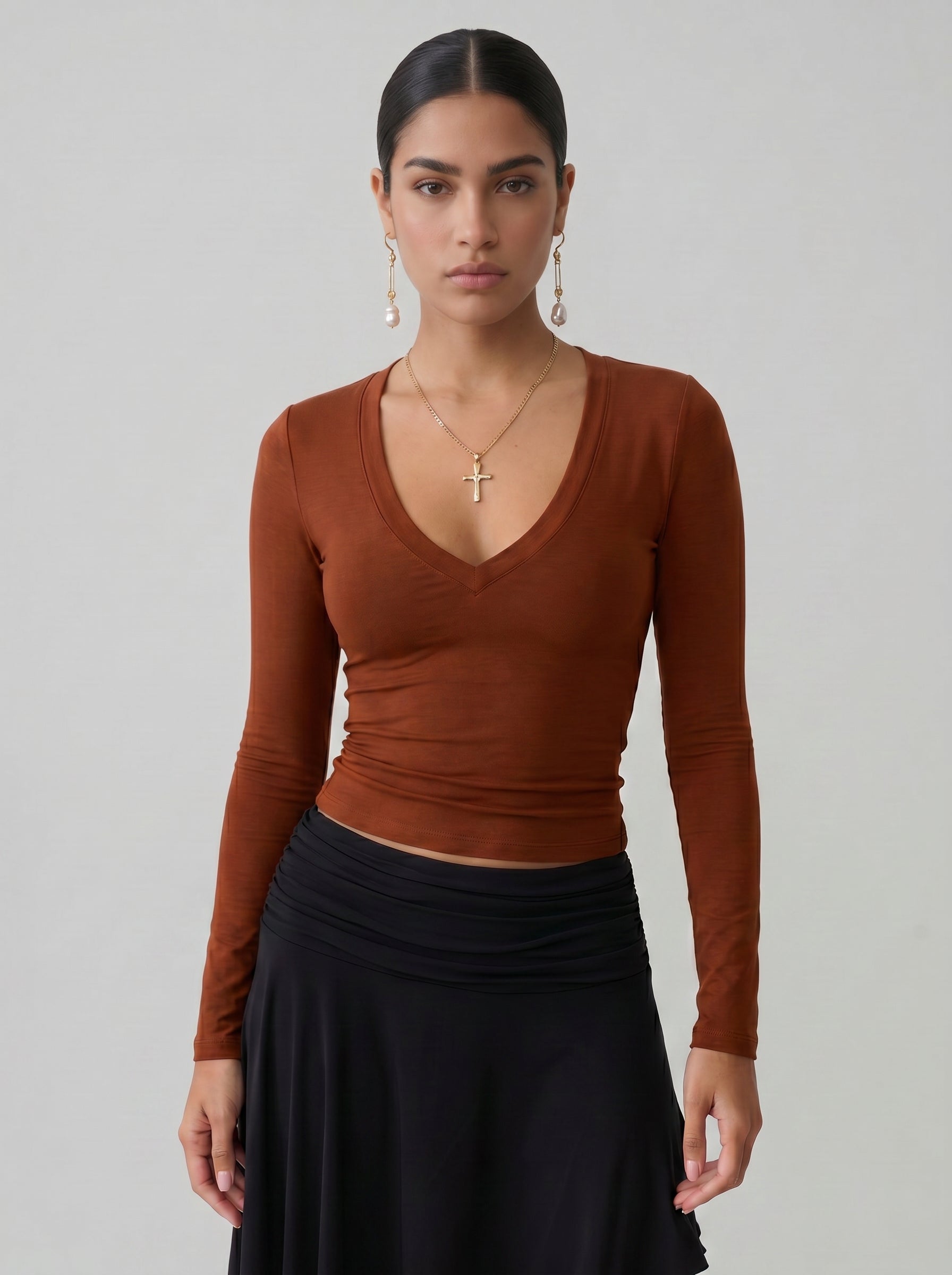 Fitted Deep V Neck Long Sleeve T-shirt