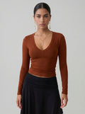 Fitted Deep V Neck Long Sleeve T-shirt