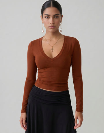 Fitted Deep V Neck Long Sleeve T-shirt
