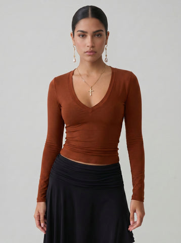 Fitted Deep V Neck Long Sleeve T-shirt