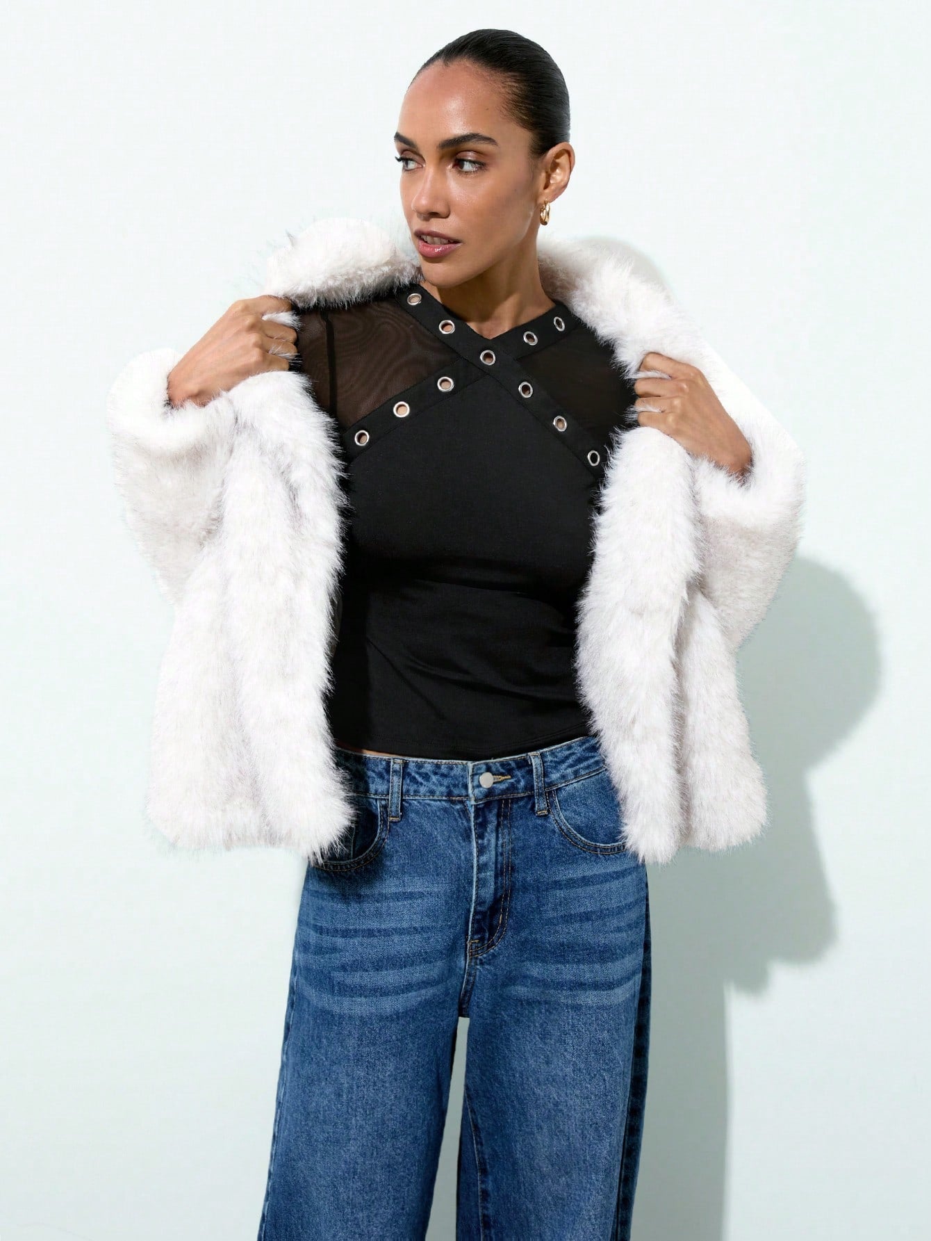 Stretchy Grommet Detail Mesh Top