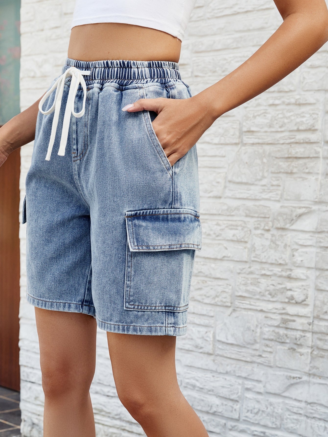 High Waisted Drawstring Cargo Denim Shorts