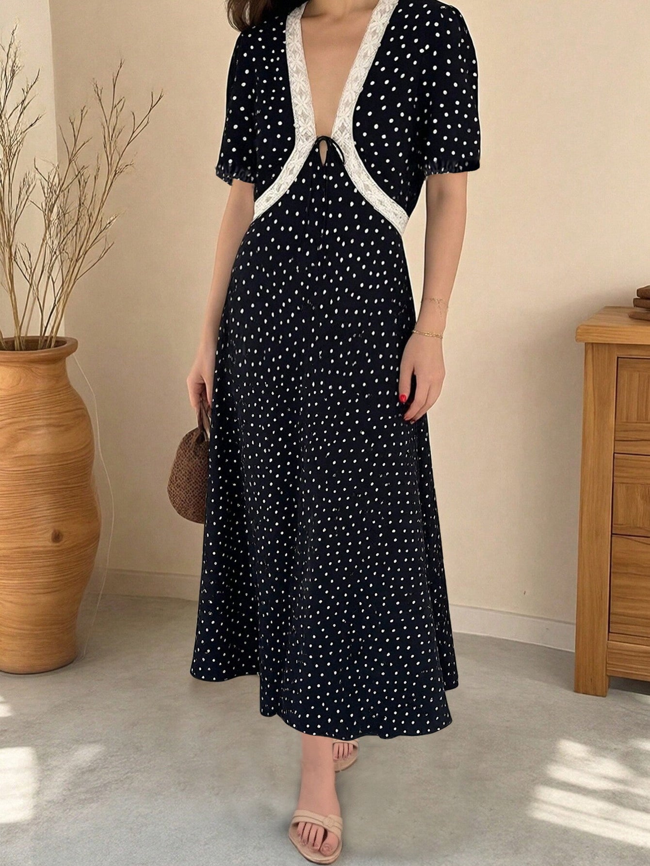 Polka Dot Lace Trim Midi Dress