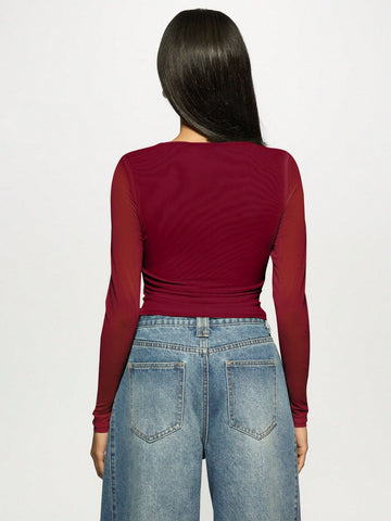 Embellished Sheer Long Sleeve Mesh Tee