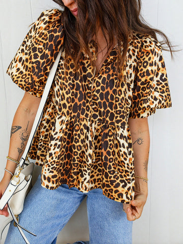 Leopard Print Puff Sleeve Peplum Top