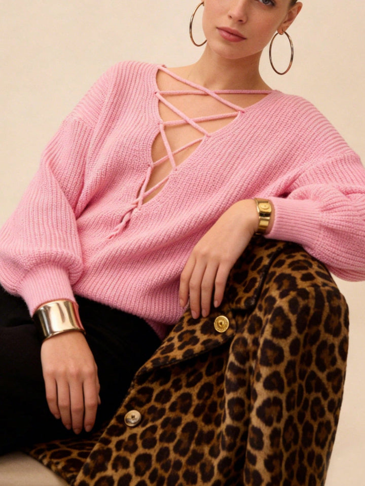 Lace Up V Neck Sweater