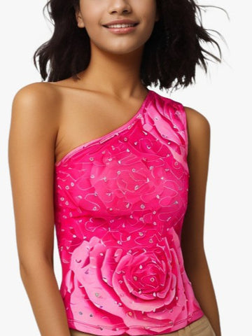 Rose Print Sequin One-Shoulder Cropped Camisole