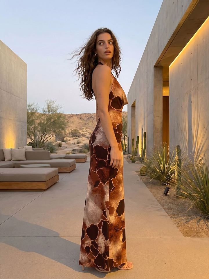 LILA Abstract Giraffe Print Cowl Neck Bodycon Maxi Dress