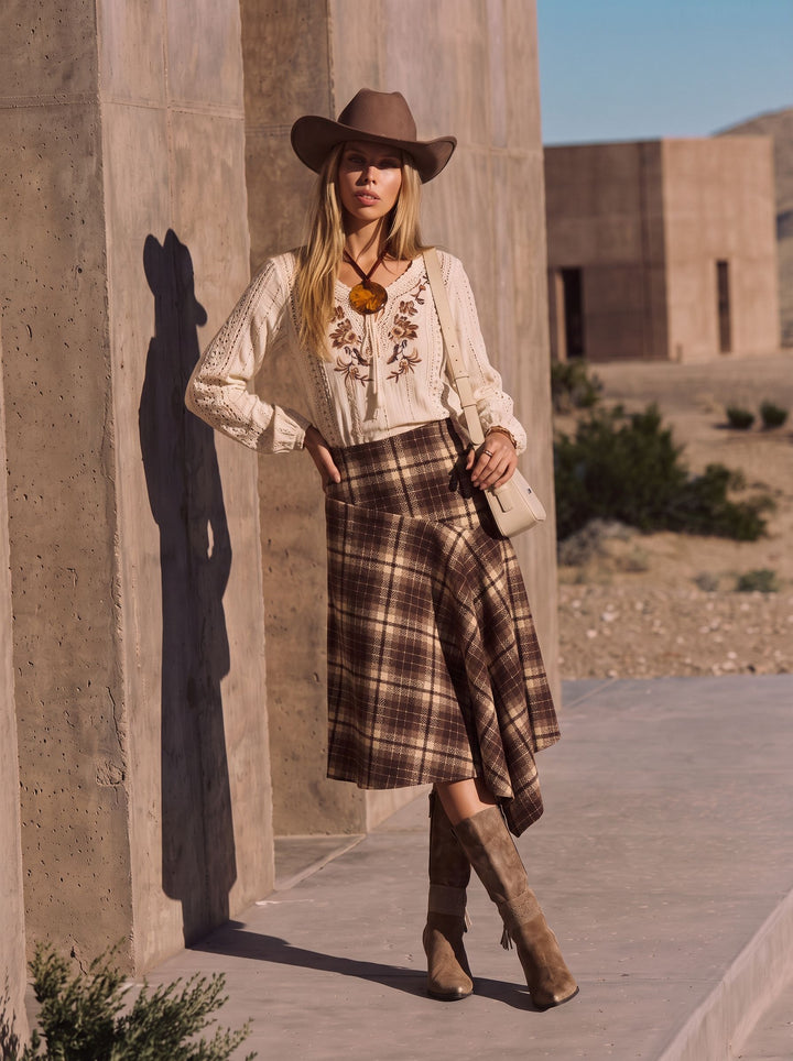 High Waisted Plaid Asymmetric Midi Skirt
