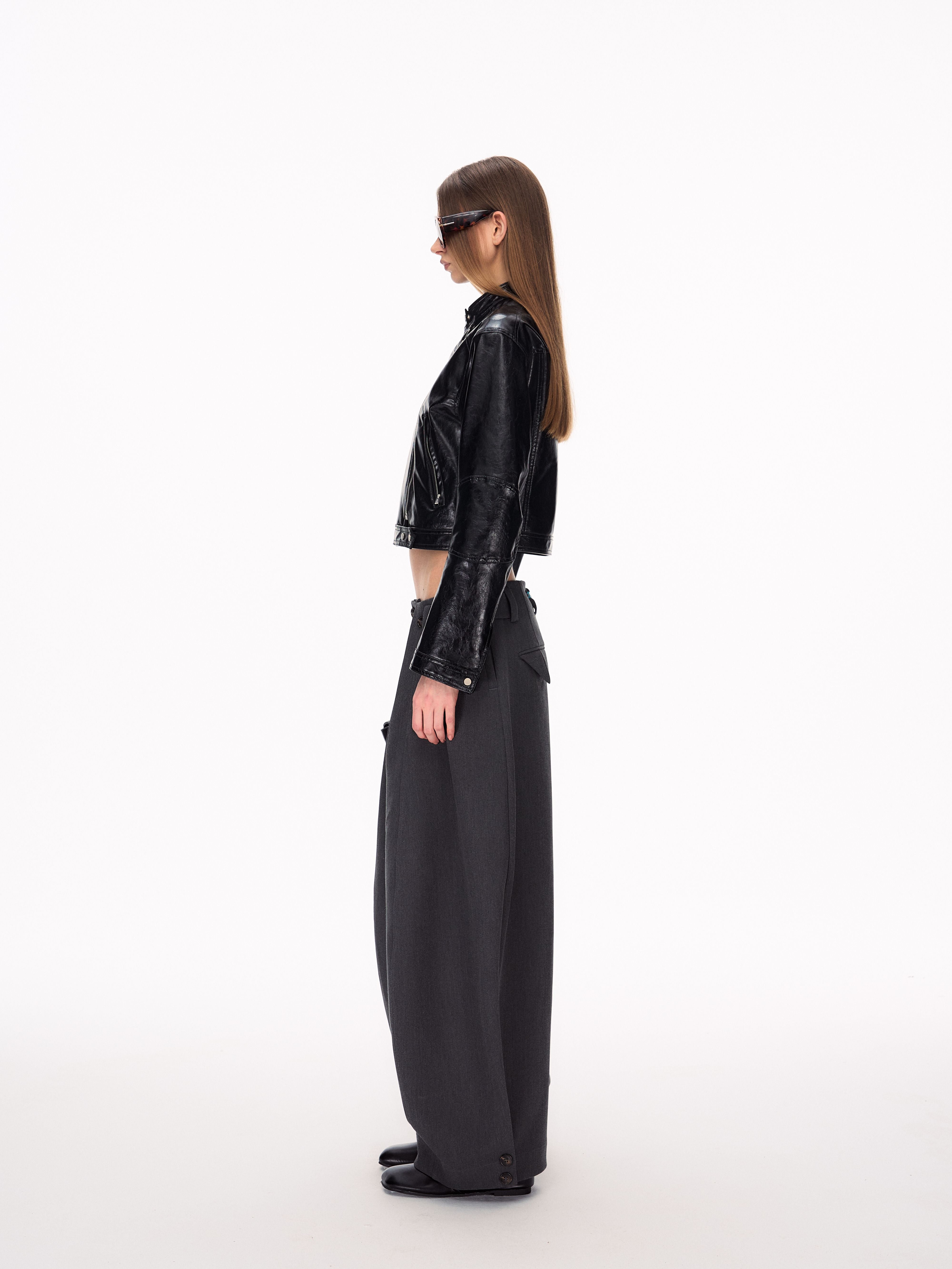 Cropped Slim Fit Biker Leather Jacket