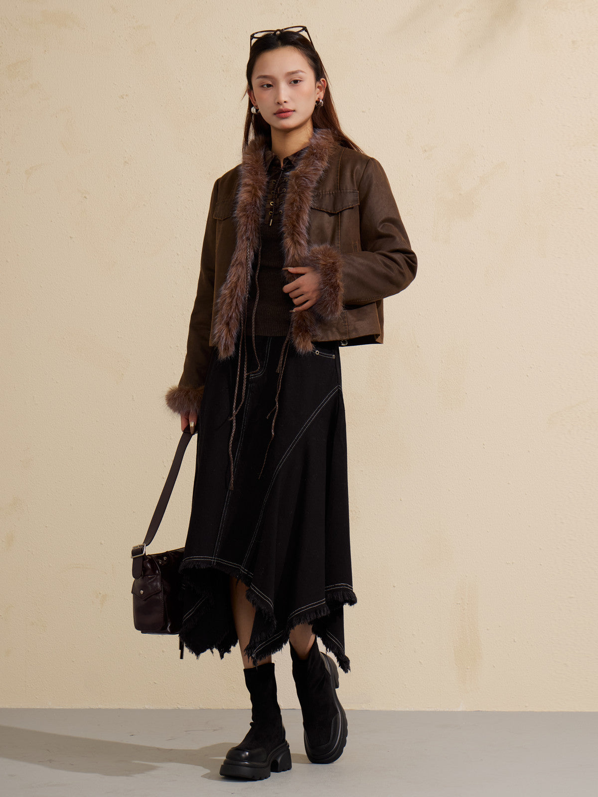 Distressed Asymmetric High Waist Denim Skirt