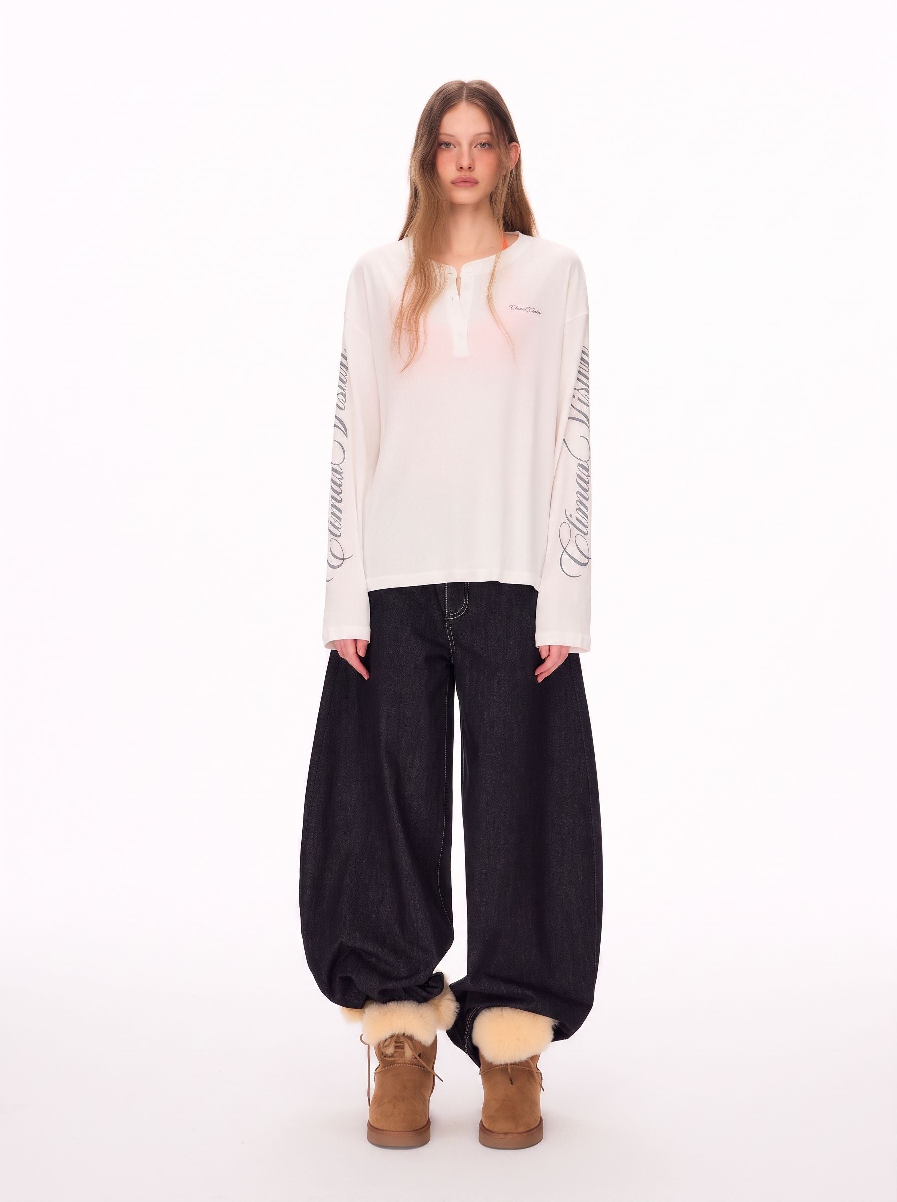 Oversized Thermal Henley Long Sleeve T Shirt