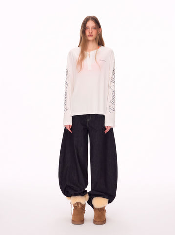 Oversized Thermal Henley Long Sleeve T Shirt