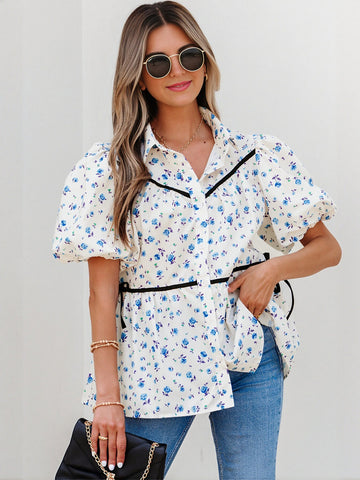 Floral Puff Sleeve Button Down Shirt