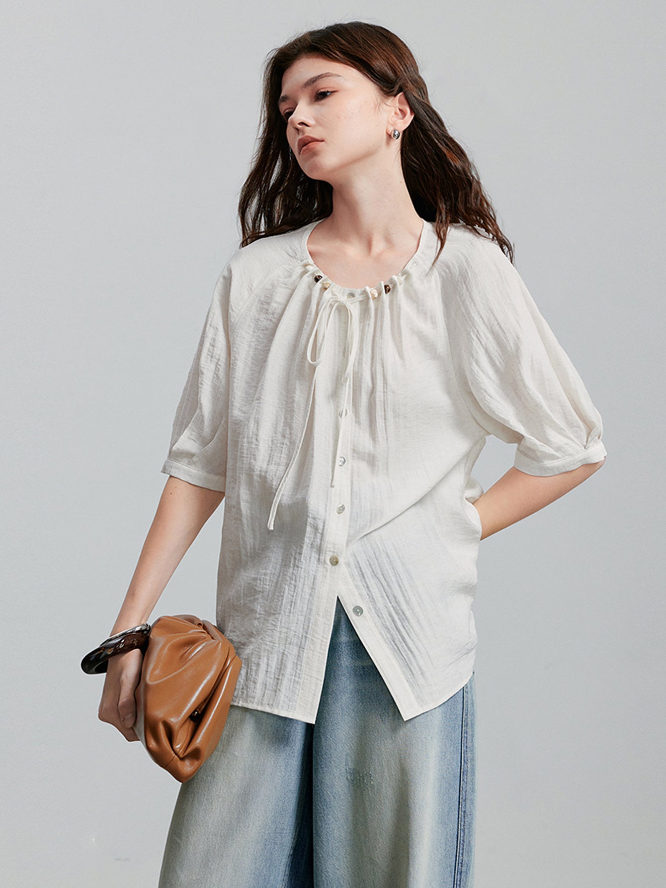 TOYOUTH Linen Blend Tie-Neck Relaxed Blouse