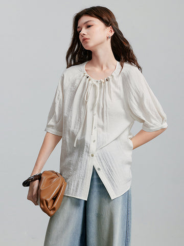 TOYOUTH Linen Blend Tie-Neck Relaxed Blouse