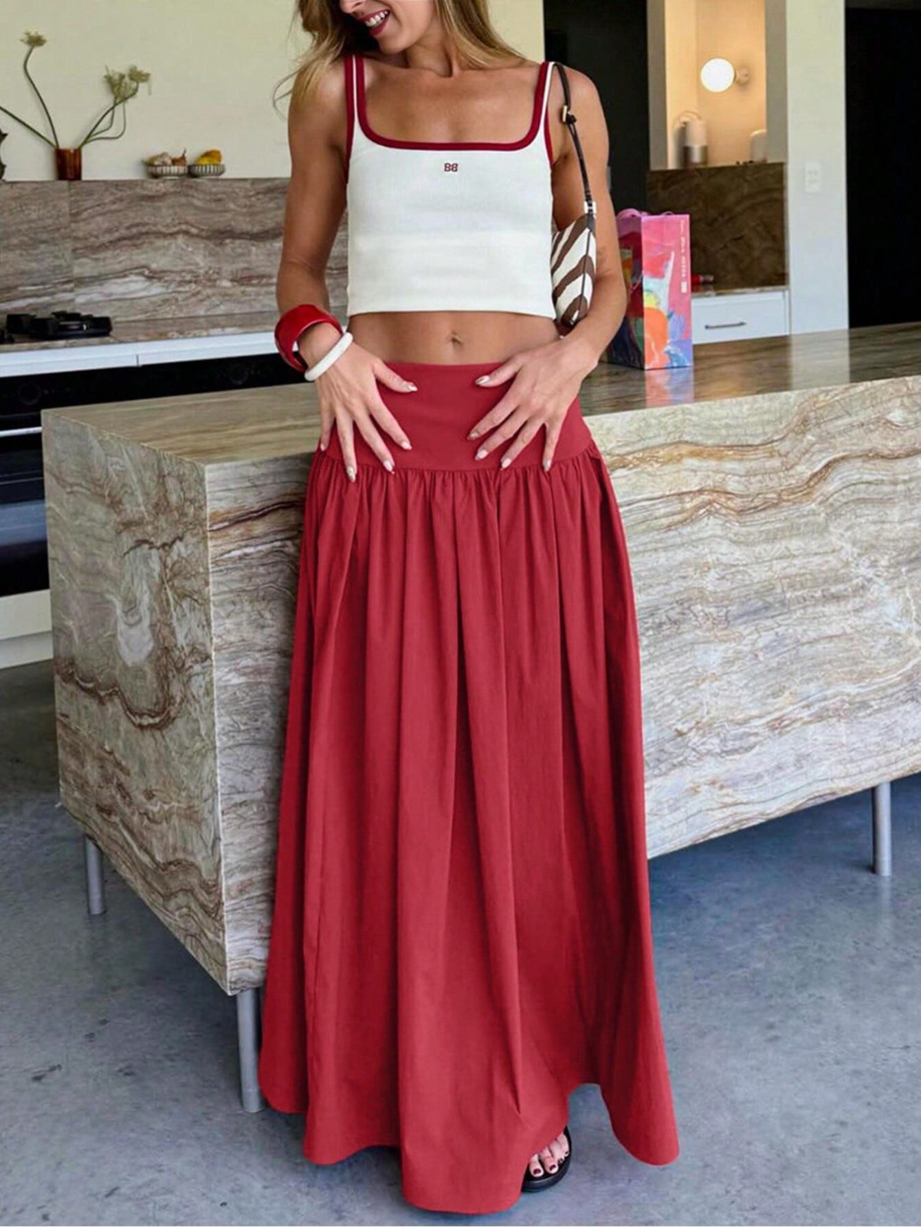 High Waisted Pleated Maxi Skirt