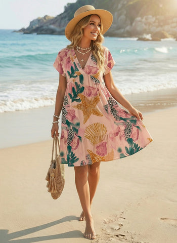 Floral Print V Neck Tiered Babydoll Mini Dress