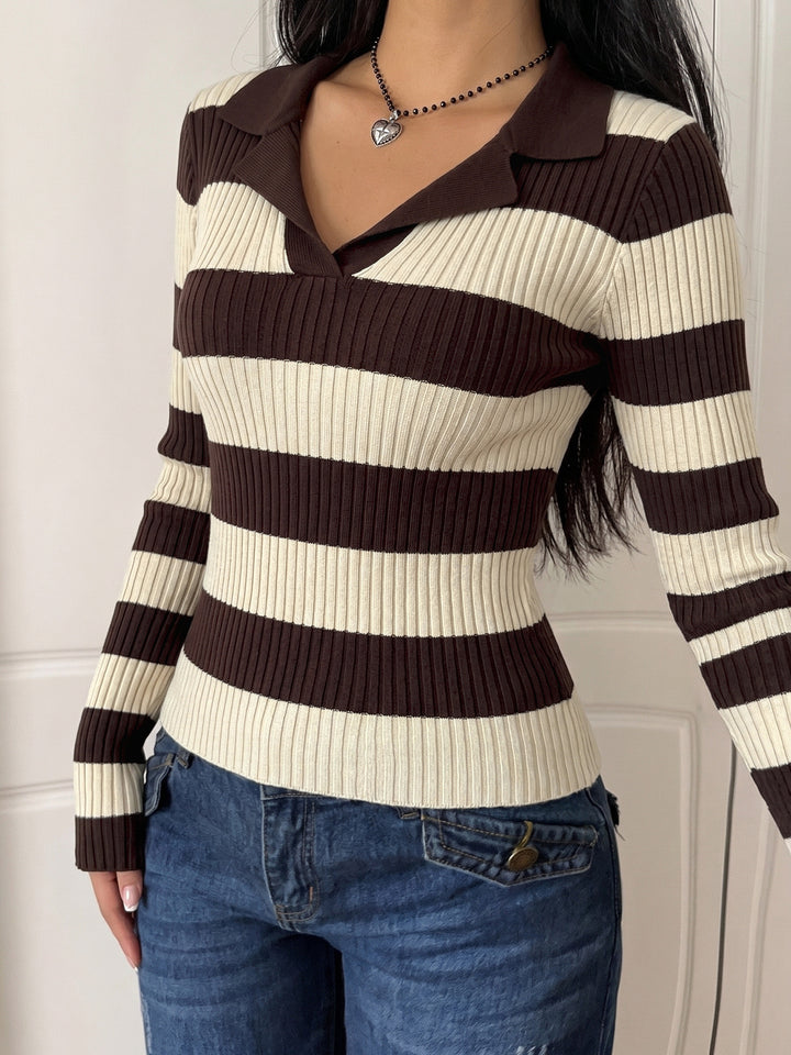 Striped Collared Ribbed Knit Sweater