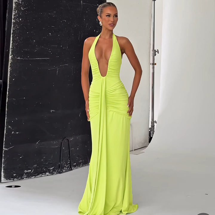 Plunging Neck Ruched Maxi Dress