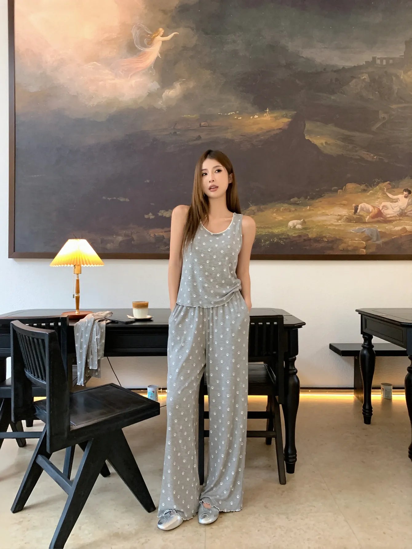 Soft Ribbed Paw Print Pajama Set