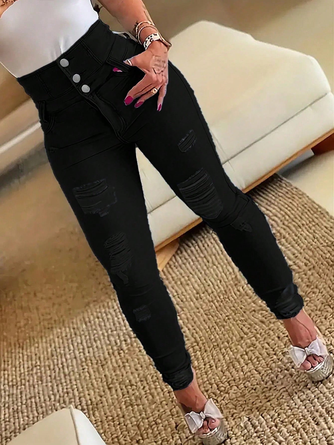 Ripped Black High-Waisted Denim Jeans-Gray