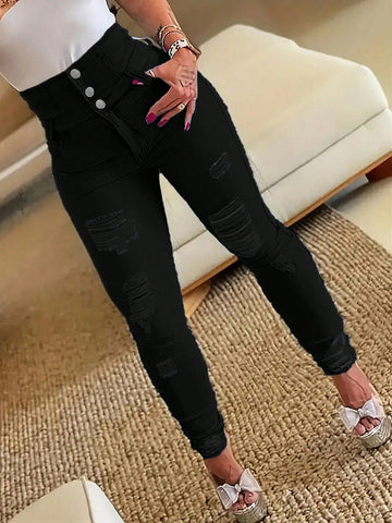 Ripped Black High-Waisted Denim Jeans-Gray