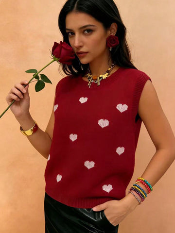 Heart Pattern Crewneck Knit Tank Top