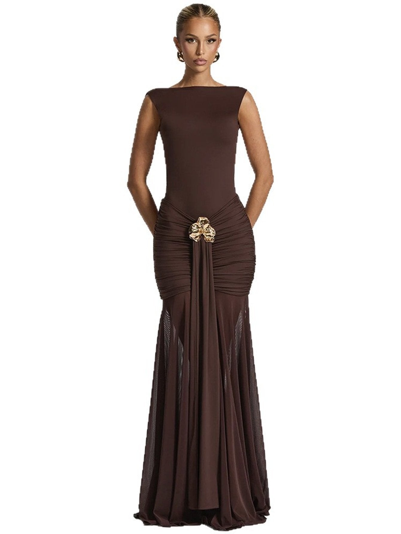 Elegant Ruched Embellished Maxi Dress