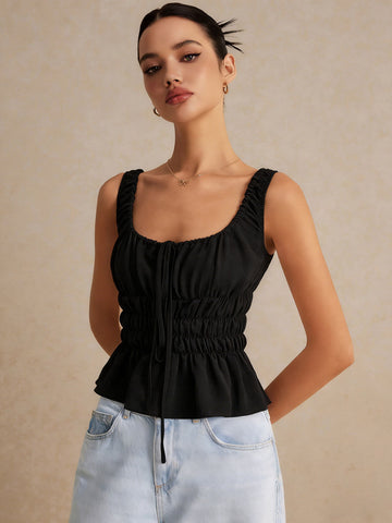Smocked Square Neck Sleeveless Chiffon Top