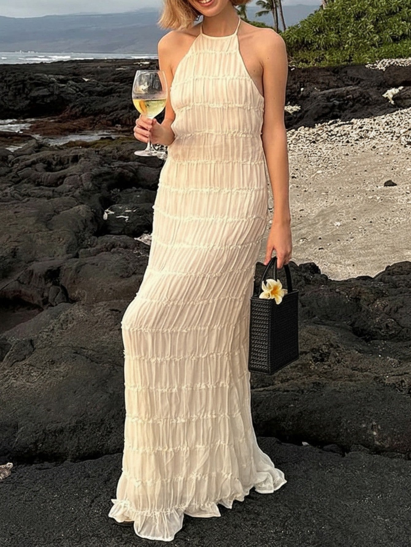 Solid Color Halter Tiered Flowy Maxi Dress-White